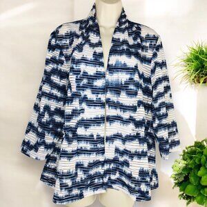 Madison Leigh Womens Cardigan 14W Blue White Abstract Stretch Open Front Artsy